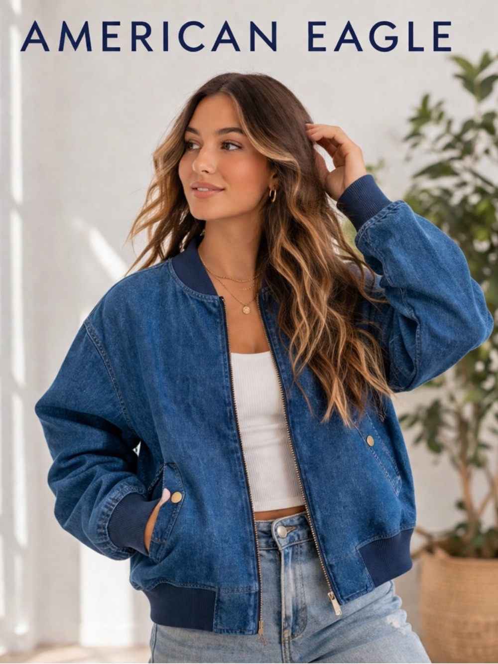 American Eagle Outfitters Blue Denim Bomber Jacket